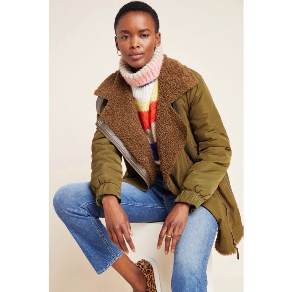 Anthropologie Olive Teddy Jacket with Cozy Brown Lining